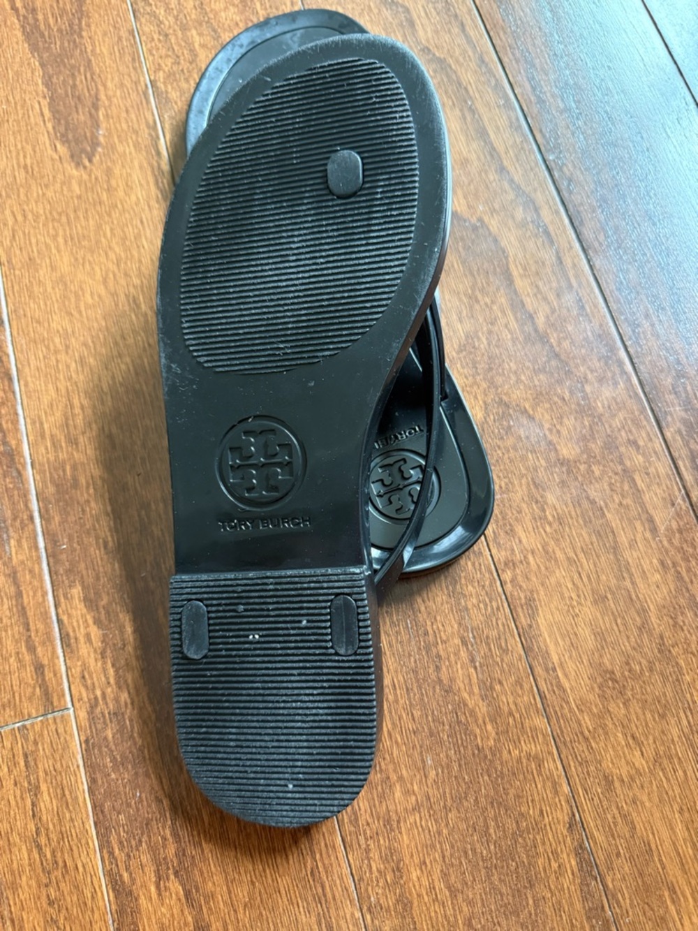Tory Burch Black Jelly Bow Flip Flops with Gold Logo Accent - Picture 7 of 10